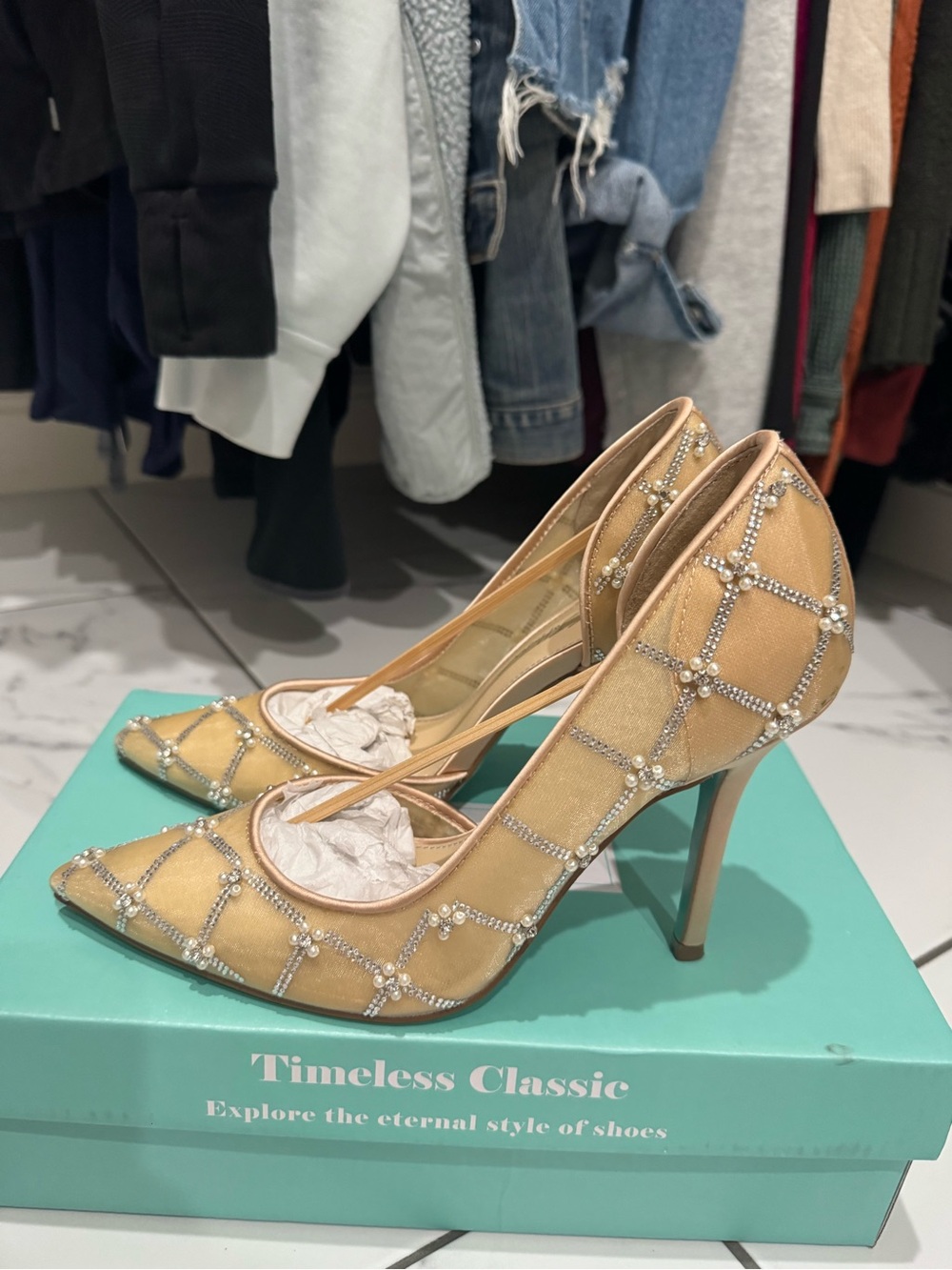 Betsey Johnson Champagne Beaded Pointed-Toe Stilettos
